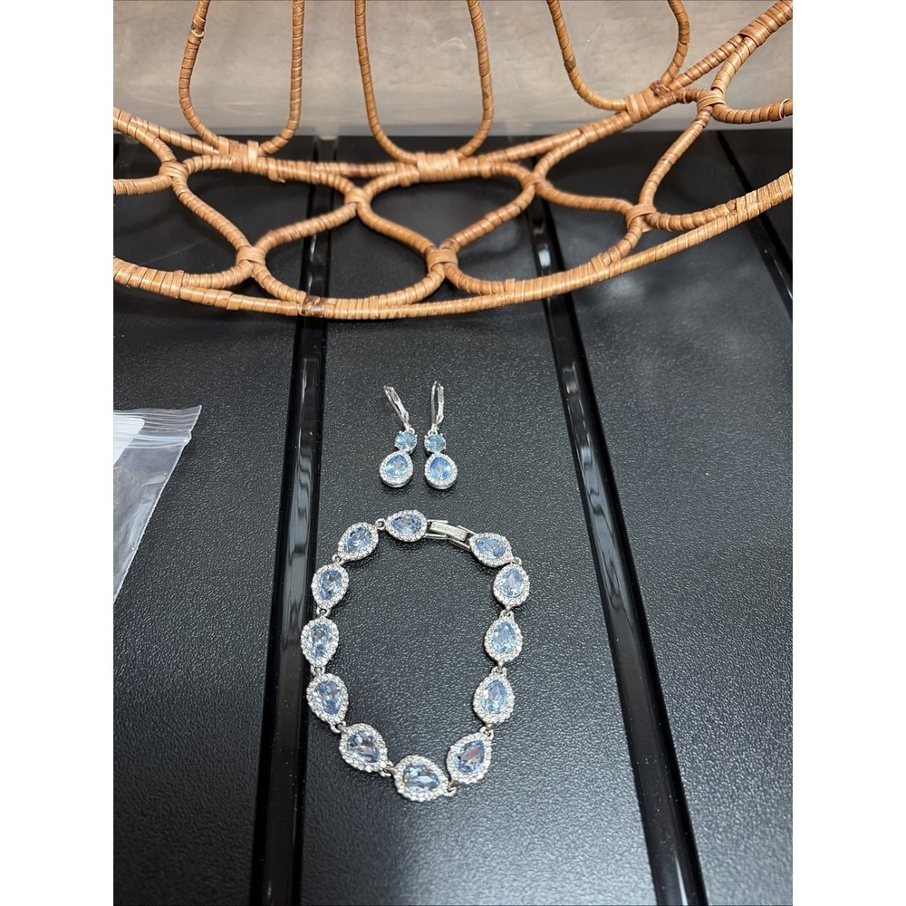 Givenchy Silver Tone Blue Stone Crystal Set Bracelet Dangle Earrings Set NWOT